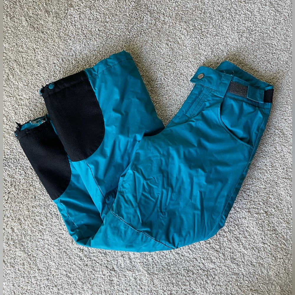 Columbia kids’ snow ski pants in turquoise & grey zip/snap/Velcro closures